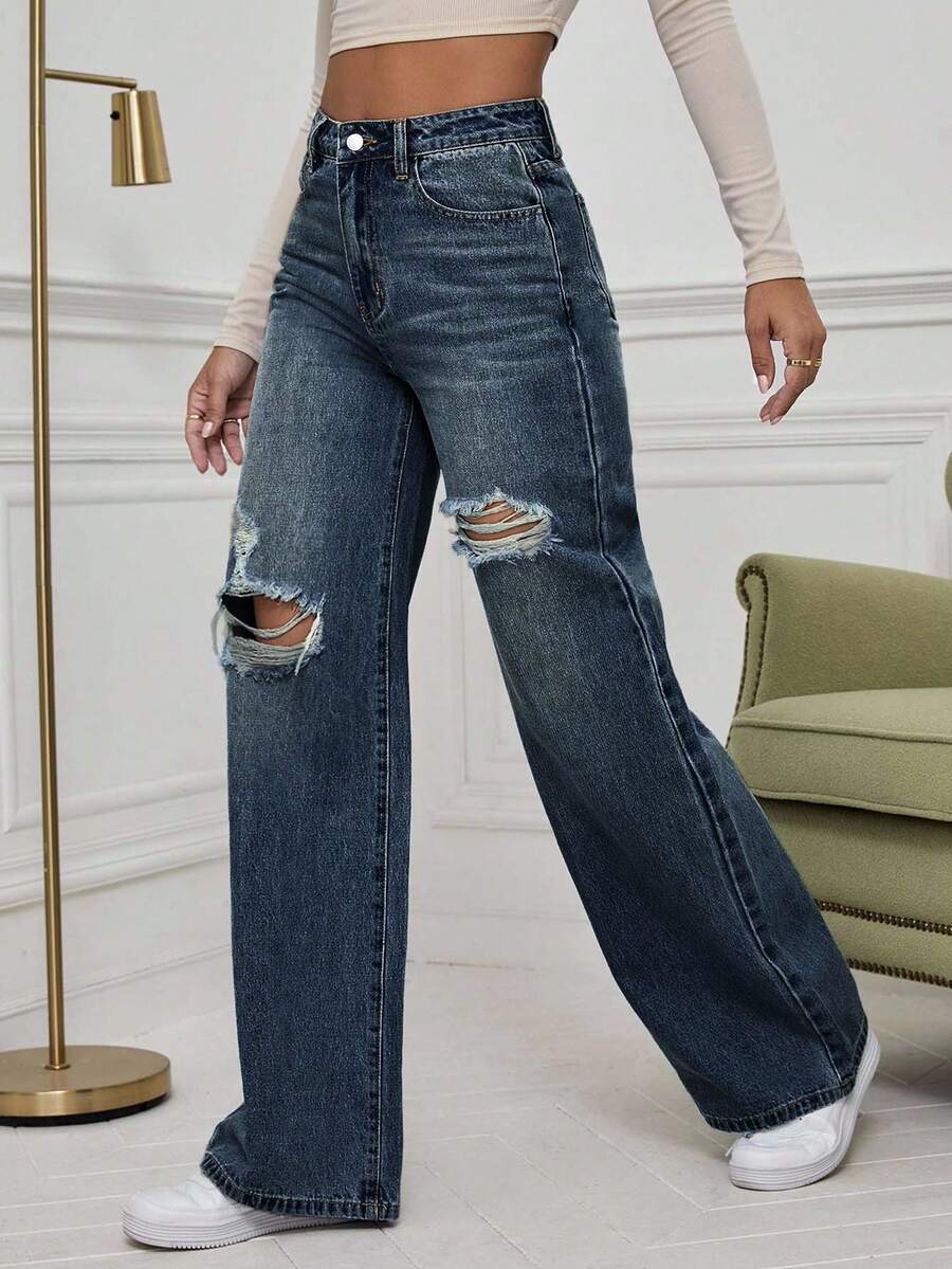 SHEIN ICON High Waist Ripped Wide Leg Jeans,Ladies Casual Button,Pocket,Ripped,Zipper High Waist Wide Leg Extra Long Medium Wash Cotton Loose Women Jeans,Spring/Fall,Casual Daily Wear