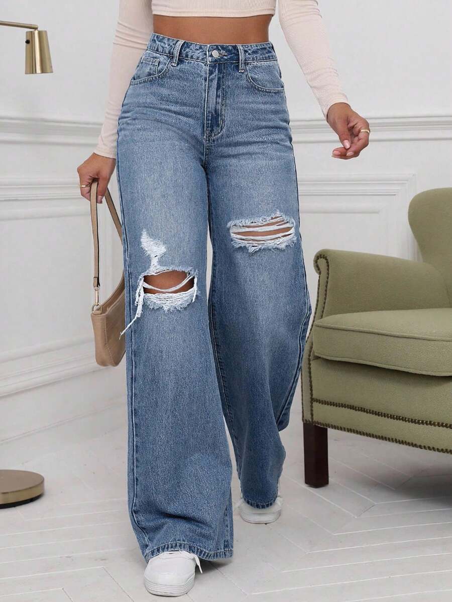 SHEIN ICON High Waist Ripped Wide Leg Jeans,Ladies Casual Button,Pocket,Ripped,Zipper High Waist Wide Leg Extra Long Medium Wash Cotton Loose Women Jeans,Spring/Fall,Casual Daily Wear