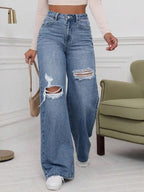 SHEIN ICON High Waist Ripped Wide Leg Jeans,Ladies Casual Button,Pocket,Ripped,Zipper High Waist Wide Leg Extra Long Medium Wash Cotton Loose Women Jeans,Spring/Fall,Casual Daily Wear