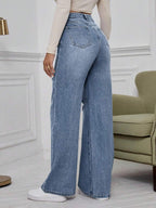 SHEIN ICON High Waist Ripped Wide Leg Jeans,Ladies Casual Button,Pocket,Ripped,Zipper High Waist Wide Leg Extra Long Medium Wash Cotton Loose Women Jeans,Spring/Fall,Casual Daily Wear