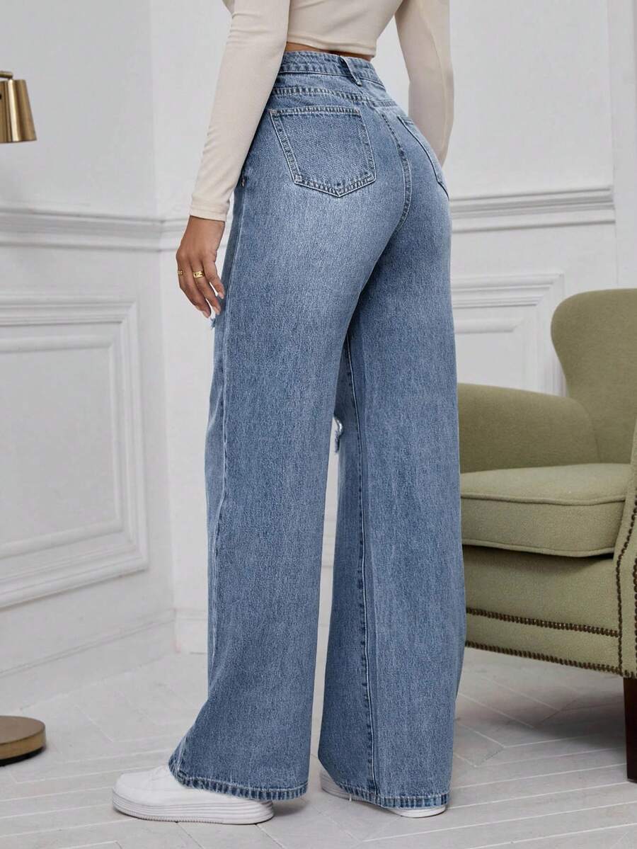 SHEIN ICON High Waist Ripped Wide Leg Jeans,Ladies Casual Button,Pocket,Ripped,Zipper High Waist Wide Leg Extra Long Medium Wash Cotton Loose Women Jeans,Spring/Fall,Casual Daily Wear