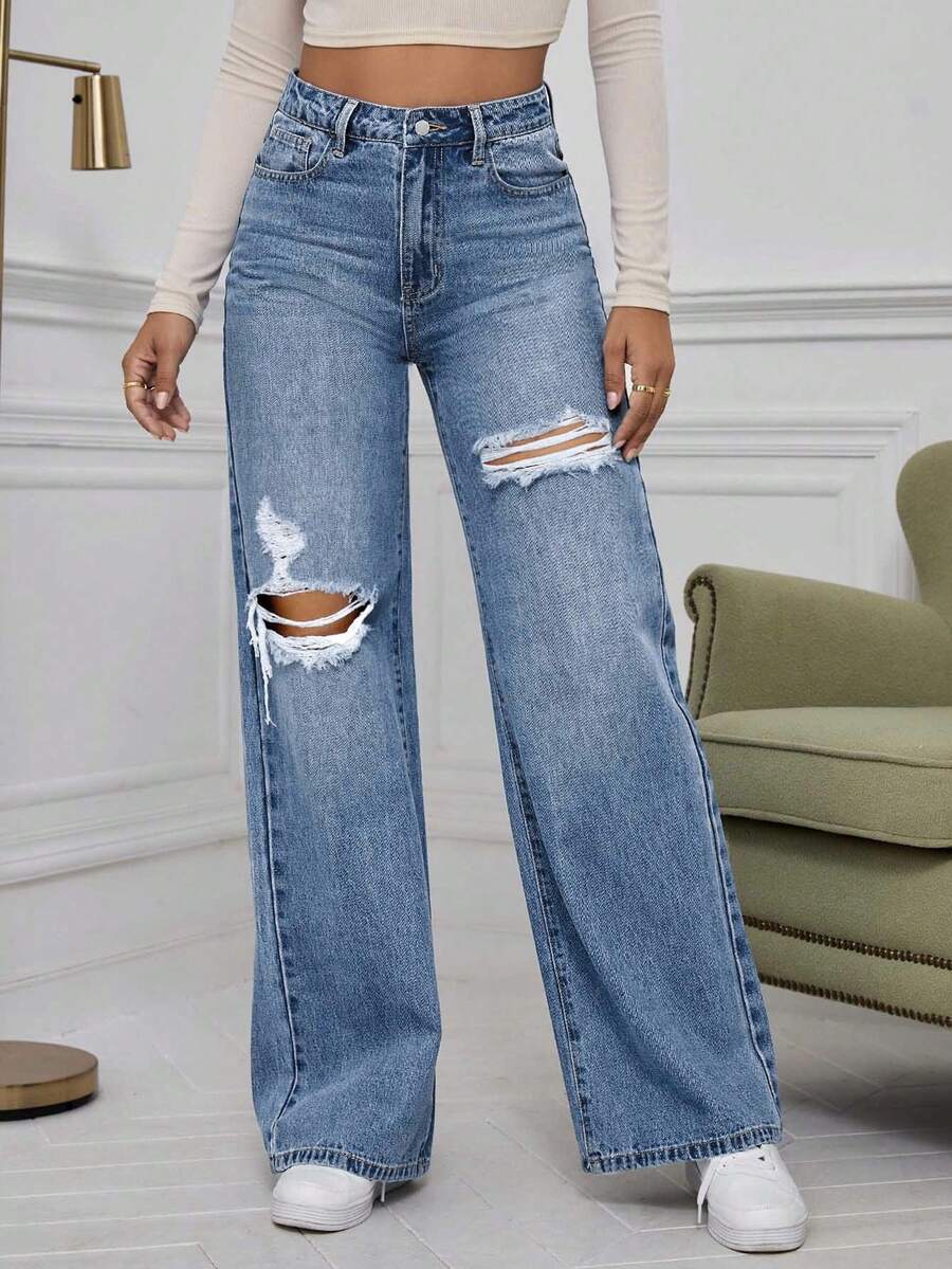 SHEIN ICON High Waist Ripped Wide Leg Jeans,Ladies Casual Button,Pocket,Ripped,Zipper High Waist Wide Leg Extra Long Medium Wash Cotton Loose Women Jeans,Spring/Fall,Casual Daily Wear