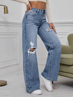 SHEIN ICON High Waist Ripped Wide Leg Jeans,Ladies Casual Button,Pocket,Ripped,Zipper High Waist Wide Leg Extra Long Medium Wash Cotton Loose Women Jeans,Spring/Fall,Casual Daily Wear