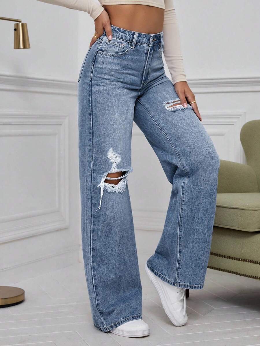 SHEIN ICON High Waist Ripped Wide Leg Jeans,Ladies Casual Button,Pocket,Ripped,Zipper High Waist Wide Leg Extra Long Medium Wash Cotton Loose Women Jeans,Spring/Fall,Casual Daily Wear