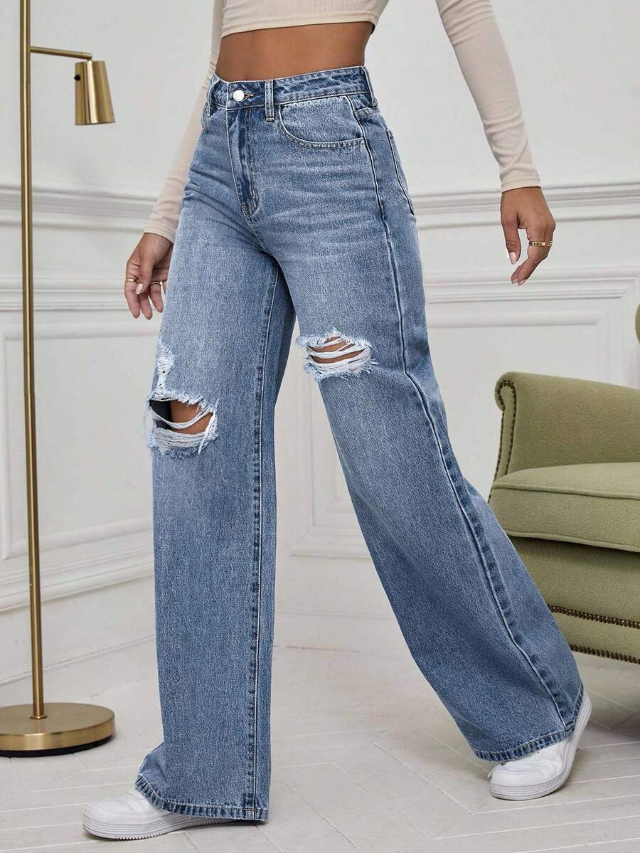 SHEIN ICON High Waist Ripped Wide Leg Jeans,Ladies Casual Button,Pocket,Ripped,Zipper High Waist Wide Leg Extra Long Medium Wash Cotton Loose Women Jeans,Spring/Fall,Casual Daily Wear