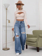 SHEIN ICON High Waist Ripped Wide Leg Jeans,Ladies Casual Button,Pocket,Ripped,Zipper High Waist Wide Leg Extra Long Medium Wash Cotton Loose Women Jeans,Spring/Fall,Casual Daily Wear