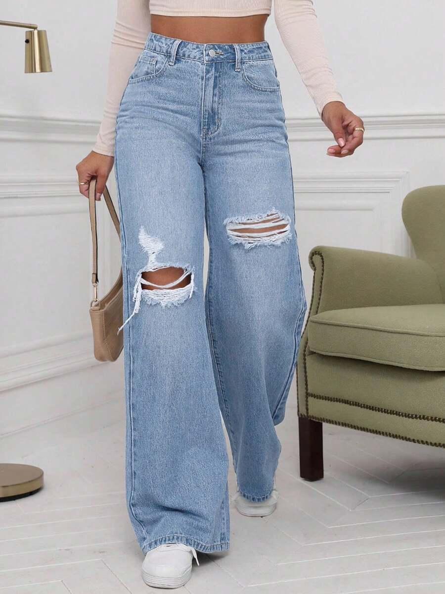 SHEIN ICON High Waist Ripped Wide Leg Jeans,Ladies Casual Button,Pocket,Ripped,Zipper High Waist Wide Leg Extra Long Medium Wash Cotton Loose Women Jeans,Spring/Fall,Casual Daily Wear