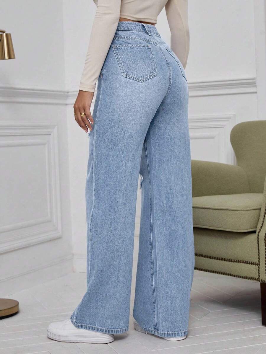 SHEIN ICON High Waist Ripped Wide Leg Jeans,Ladies Casual Button,Pocket,Ripped,Zipper High Waist Wide Leg Extra Long Medium Wash Cotton Loose Women Jeans,Spring/Fall,Casual Daily Wear