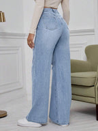SHEIN ICON High Waist Ripped Wide Leg Jeans,Ladies Casual Button,Pocket,Ripped,Zipper High Waist Wide Leg Extra Long Medium Wash Cotton Loose Women Jeans,Spring/Fall,Casual Daily Wear