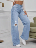SHEIN ICON High Waist Ripped Wide Leg Jeans,Ladies Casual Button,Pocket,Ripped,Zipper High Waist Wide Leg Extra Long Medium Wash Cotton Loose Women Jeans,Spring/Fall,Casual Daily Wear