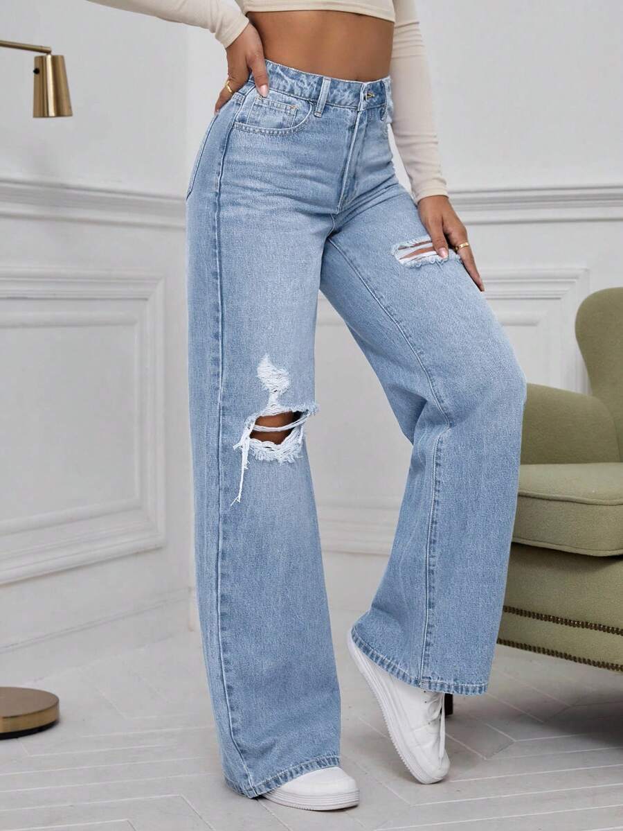 SHEIN ICON High Waist Ripped Wide Leg Jeans,Ladies Casual Button,Pocket,Ripped,Zipper High Waist Wide Leg Extra Long Medium Wash Cotton Loose Women Jeans,Spring/Fall,Casual Daily Wear