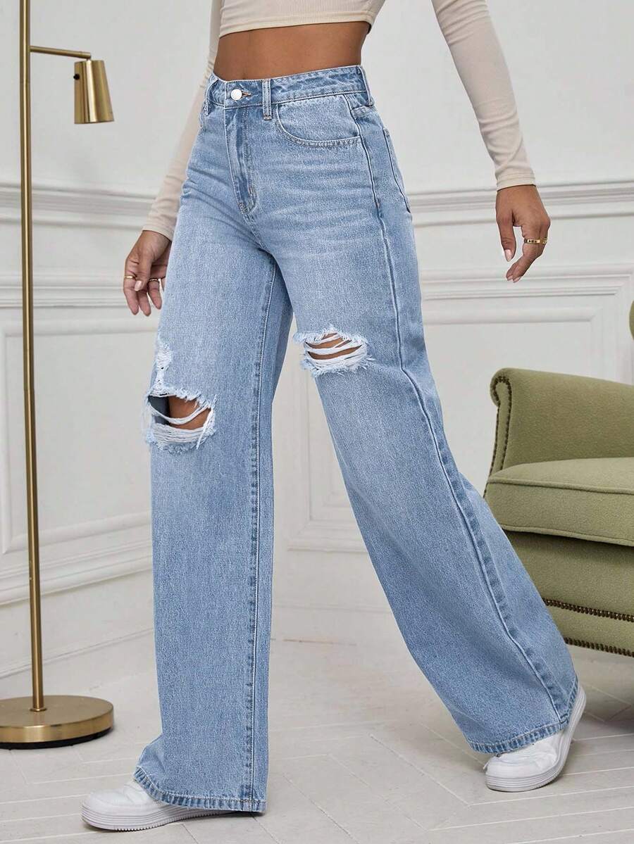 SHEIN ICON High Waist Ripped Wide Leg Jeans,Ladies Casual Button,Pocket,Ripped,Zipper High Waist Wide Leg Extra Long Medium Wash Cotton Loose Women Jeans,Spring/Fall,Casual Daily Wear