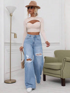 SHEIN ICON High Waist Ripped Wide Leg Jeans,Ladies Casual Button,Pocket,Ripped,Zipper High Waist Wide Leg Extra Long Medium Wash Cotton Loose Women Jeans,Spring/Fall,Casual Daily Wear