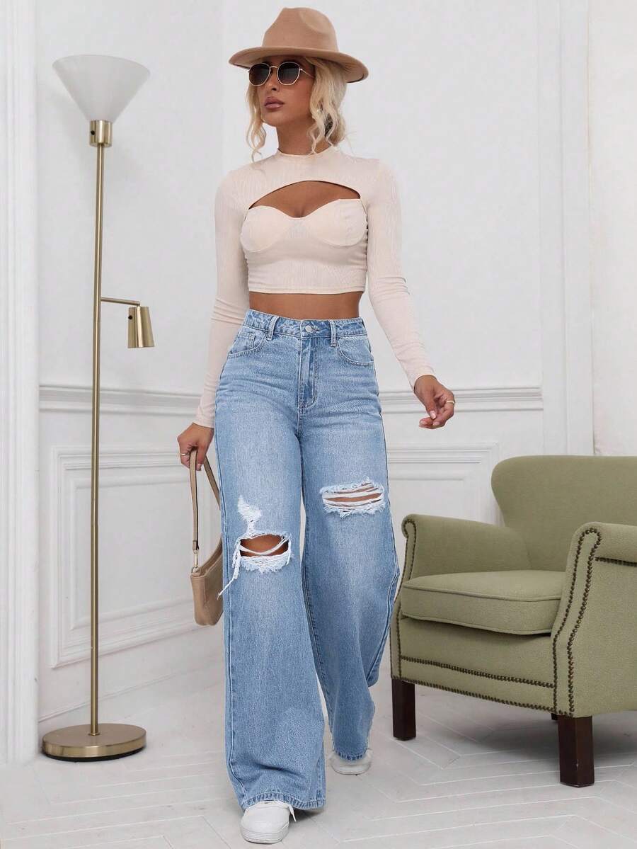SHEIN ICON High Waist Ripped Wide Leg Jeans,Ladies Casual Button,Pocket,Ripped,Zipper High Waist Wide Leg Extra Long Medium Wash Cotton Loose Women Jeans,Spring/Fall,Casual Daily Wear
