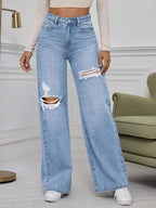 SHEIN ICON High Waist Ripped Wide Leg Jeans,Ladies Casual Button,Pocket,Ripped,Zipper High Waist Wide Leg Extra Long Medium Wash Cotton Loose Women Jeans,Spring/Fall,Casual Daily Wear