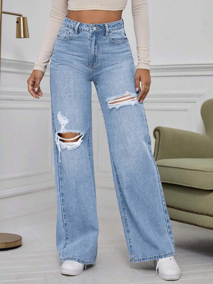 SHEIN ICON High Waist Ripped Wide Leg Jeans,Ladies Casual Button,Pocket,Ripped,Zipper High Waist Wide Leg Extra Long Medium Wash Cotton Loose Women Jeans,Spring/Fall,Casual Daily Wear