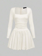 Elegant Vintage French Style Long Sleeve A-Line Dress, Pleated Collar Waist Cinched Casual Midi Length Dress For Women