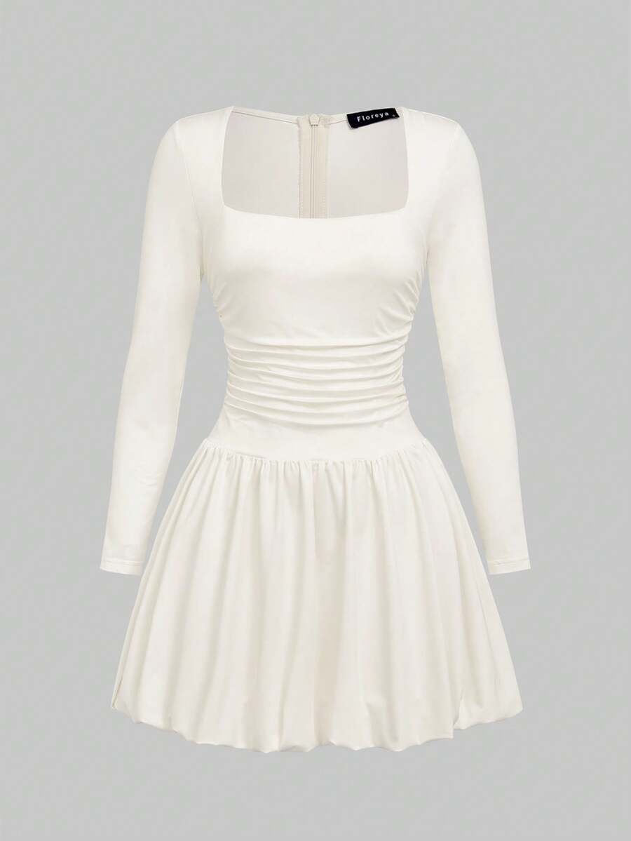Elegant Vintage French Style Long Sleeve A-Line Dress, Pleated Collar Waist Cinched Casual Midi Length Dress For Women