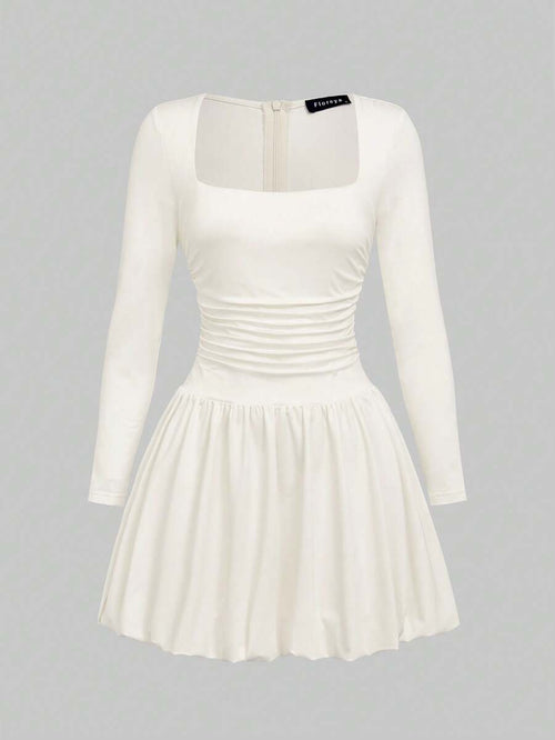 Elegant Vintage French Style Long Sleeve A-Line Dress, Pleated Collar Waist Cinched Casual Midi Length Dress For Women