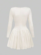 Elegant Vintage French Style Long Sleeve A-Line Dress, Pleated Collar Waist Cinched Casual Midi Length Dress For Women