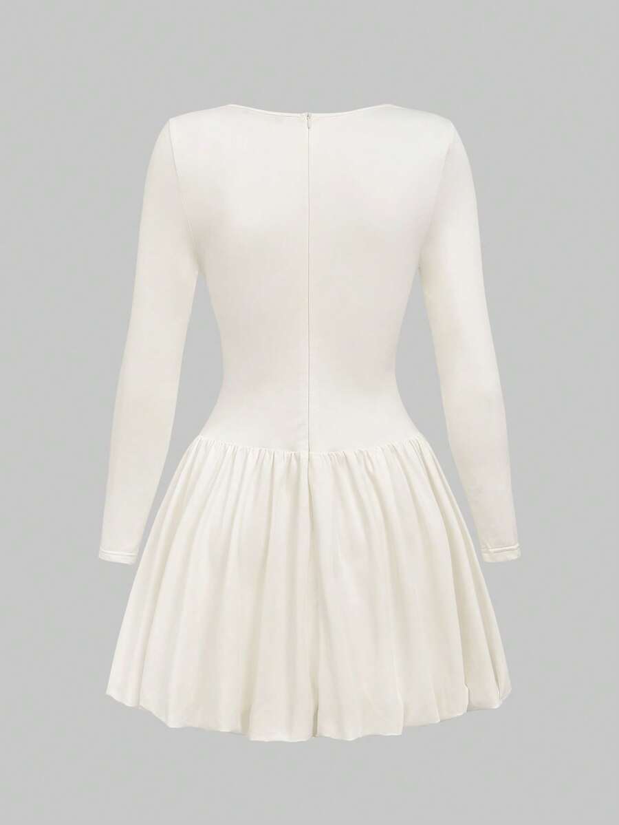 Elegant Vintage French Style Long Sleeve A-Line Dress, Pleated Collar Waist Cinched Casual Midi Length Dress For Women