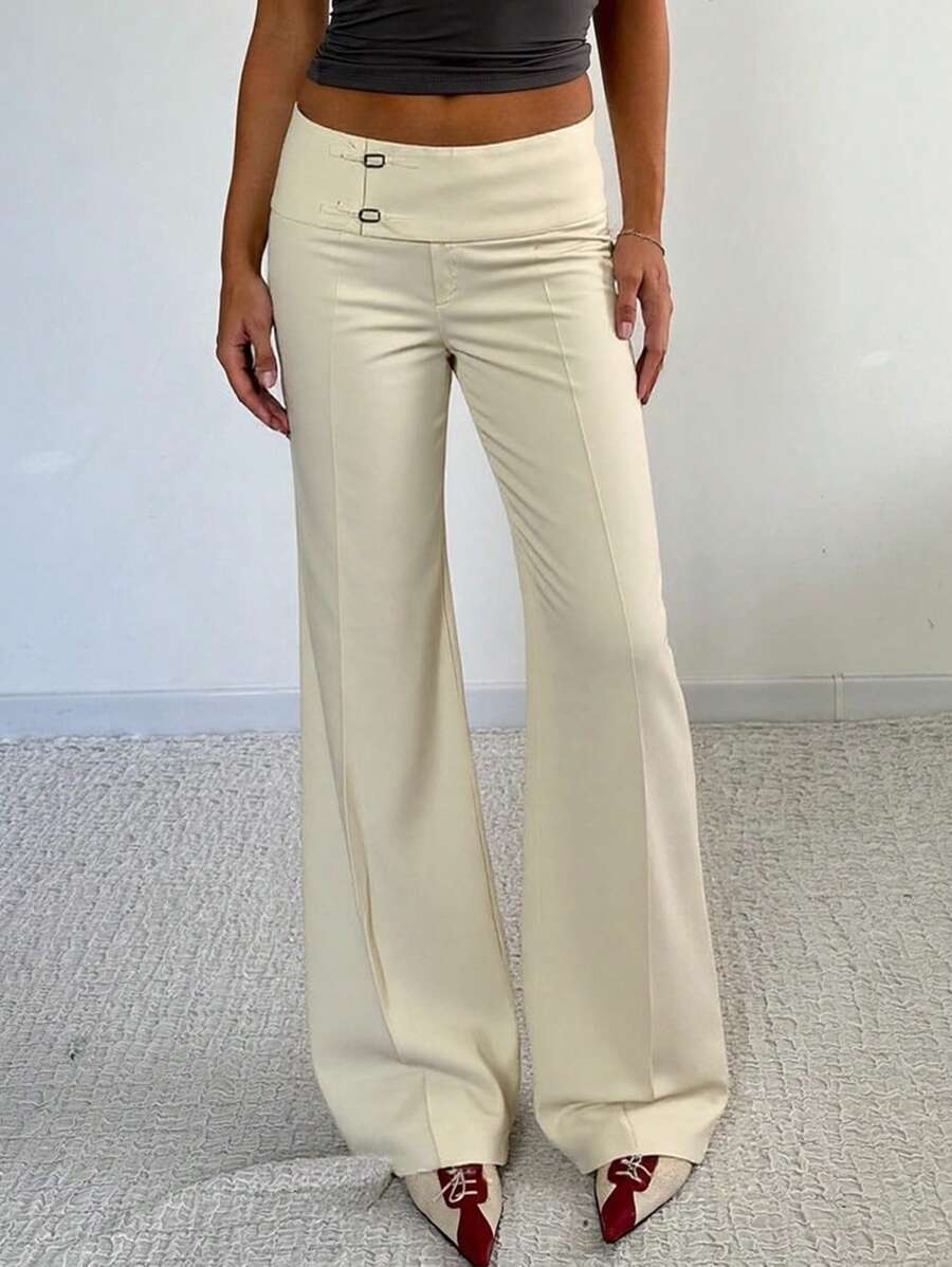 Women Solid Color Elegant Commuter Y2K Straight Leg Slightly Flared Pants, Low Waist Minimalist Casual Cargo Pants, Asymmetrical Waistband, Fall/Winter Suitable For Office Outfits For Women, And Date