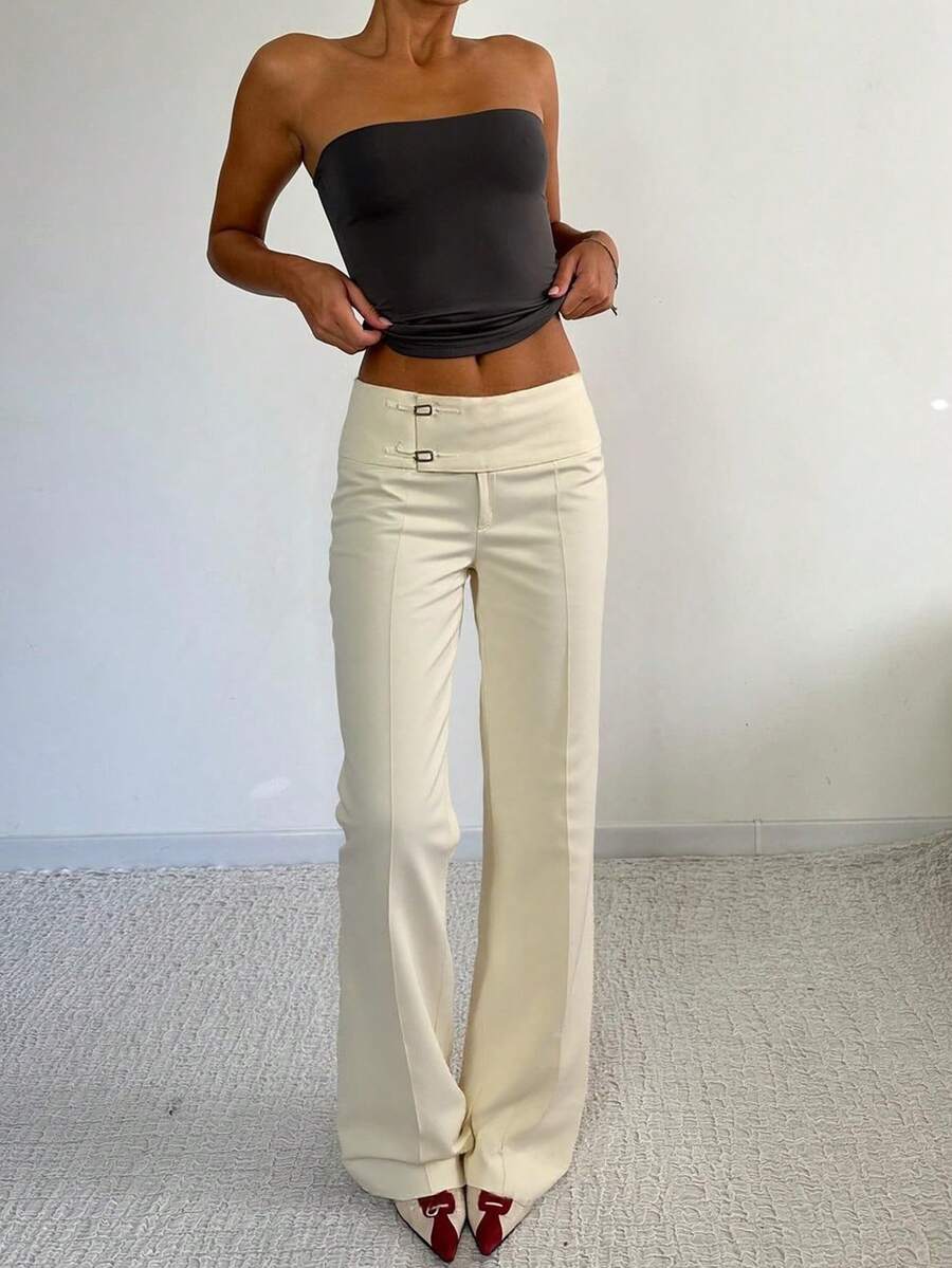 Women Solid Color Elegant Commuter Y2K Straight Leg Slightly Flared Pants, Low Waist Minimalist Casual Cargo Pants, Asymmetrical Waistband, Fall/Winter Suitable For Office Outfits For Women, And Date