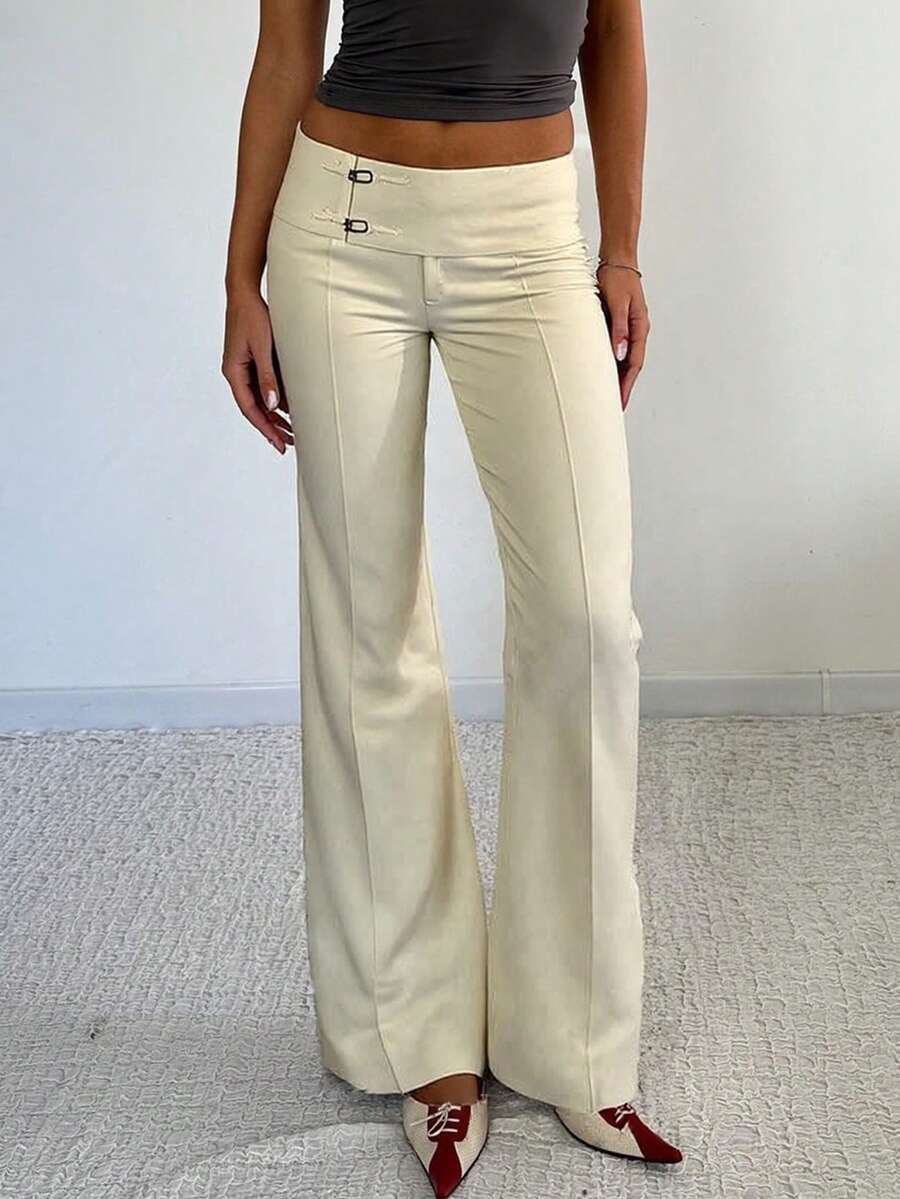 Women Solid Color Elegant Commuter Y2K Straight Leg Slightly Flared Pants, Low Waist Minimalist Casual Cargo Pants, Asymmetrical Waistband, Fall/Winter Suitable For Office Outfits For Women, And Date