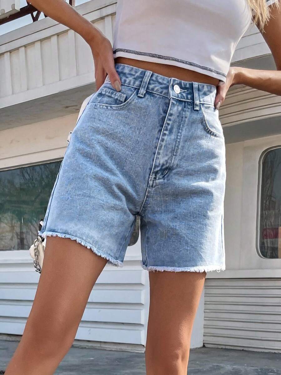 EMERY ROSE Solid Raw Hem Denim Shorts, Mom Shorts Summer