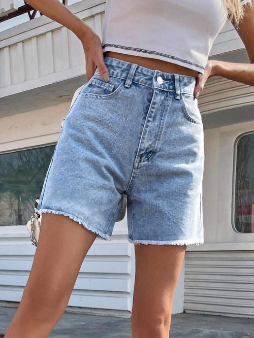 EMERY ROSE Solid Raw Hem Denim Shorts, Mom Shorts Summer