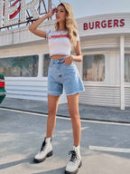 EMERY ROSE Solid Raw Hem Denim Shorts, Mom Shorts Summer