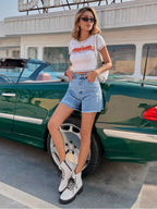 EMERY ROSE Solid Raw Hem Denim Shorts, Mom Shorts Summer