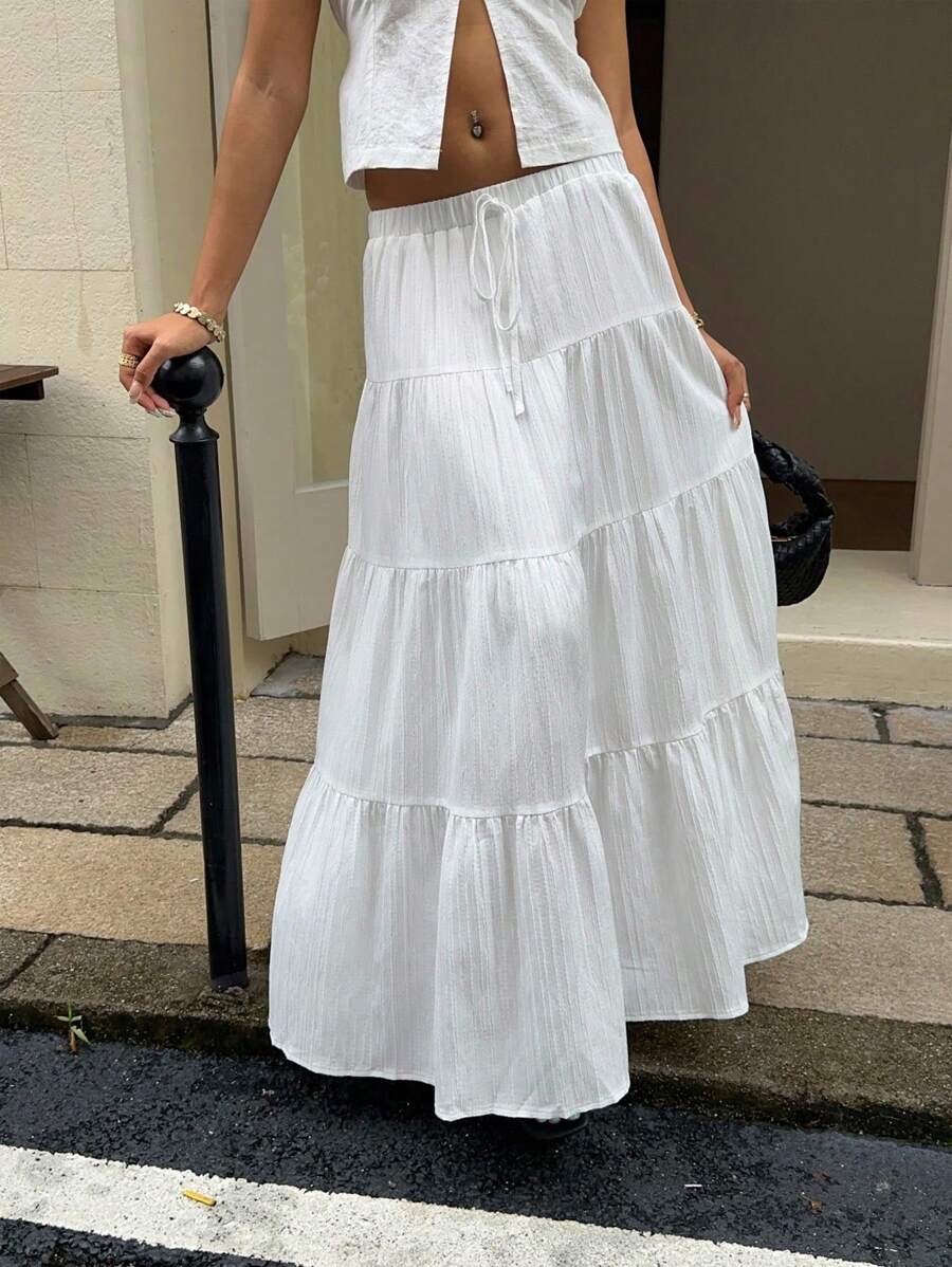 MainGRL Women Solid Color High Waist Tie Ruffled Hem Maxi Skirt
