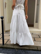 MainGRL Women Solid Color High Waist Tie Ruffled Hem Maxi Skirt