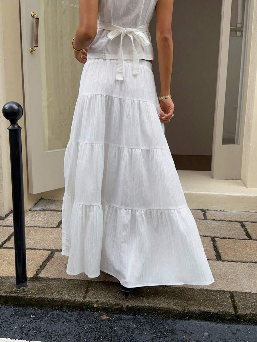 MainGRL Women Solid Color High Waist Tie Ruffled Hem Maxi Skirt
