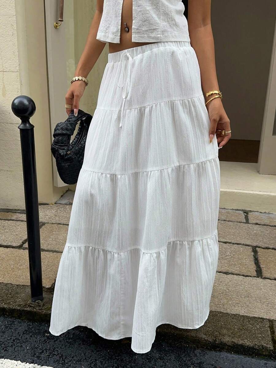 MainGRL Women Solid Color High Waist Tie Ruffled Hem Maxi Skirt
