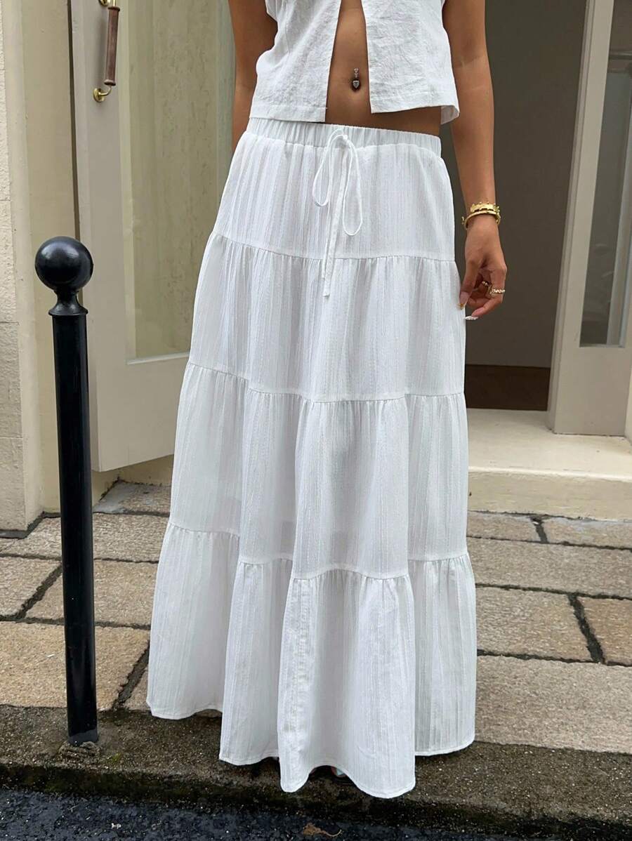MainGRL Women Solid Color High Waist Tie Ruffled Hem Maxi Skirt