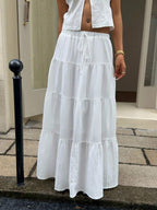 MainGRL Women Solid Color High Waist Tie Ruffled Hem Maxi Skirt