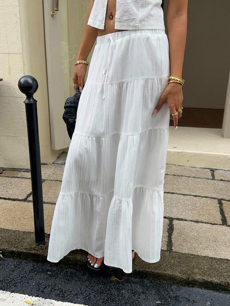 MainGRL Women Solid Color High Waist Tie Ruffled Hem Maxi Skirt