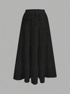 MainGRL Women Solid Color High Waist Tie Ruffled Hem Maxi Skirt