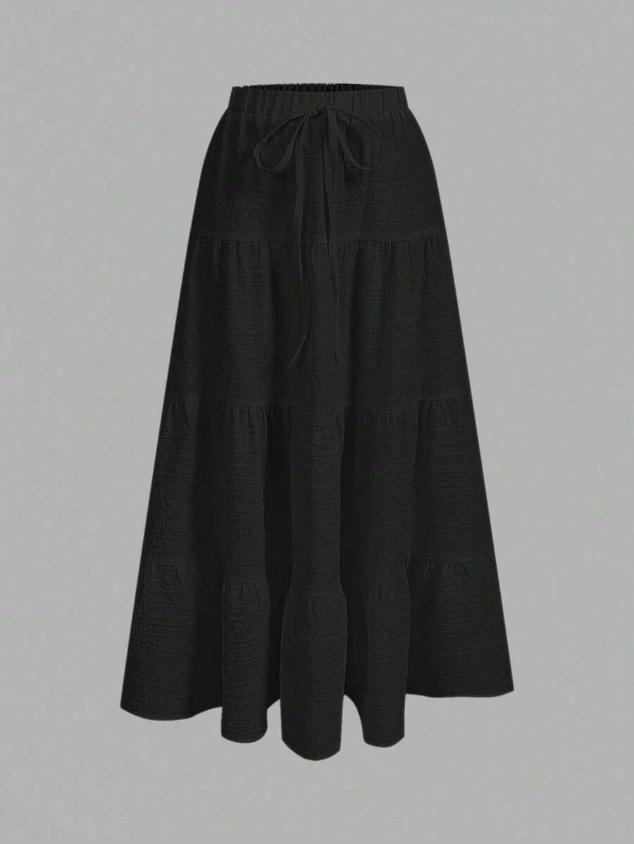 MainGRL Women Solid Color High Waist Tie Ruffled Hem Maxi Skirt