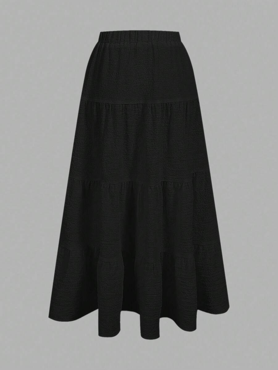 MainGRL Women Solid Color High Waist Tie Ruffled Hem Maxi Skirt