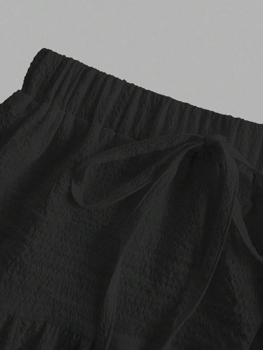 MainGRL Women Solid Color High Waist Tie Ruffled Hem Maxi Skirt