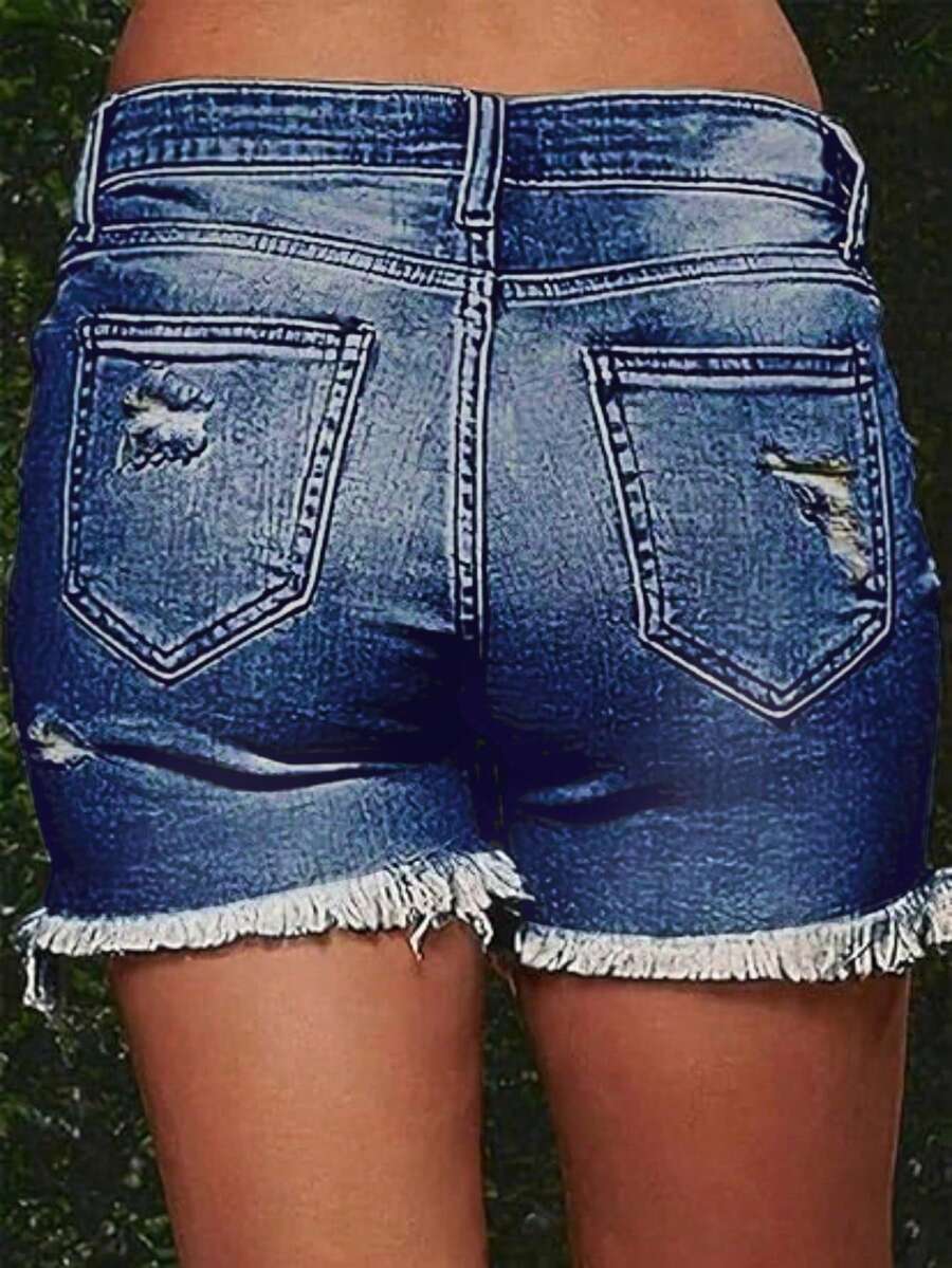 Women's Summer Fashionable Cutting-Edge Distressed Frayed Edge Stretch Denim Shorts