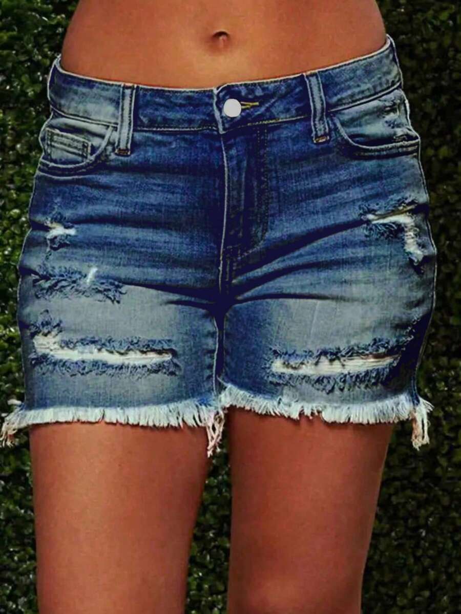 Women's Summer Fashionable Cutting-Edge Distressed Frayed Edge Stretch Denim Shorts