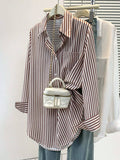 Women's Casual Basic Striped Pointed Collar Long Sleeve Shirt Blouse With Button Pockets, Suitable For Daily Office Wear, Autumn/Winter/Spring