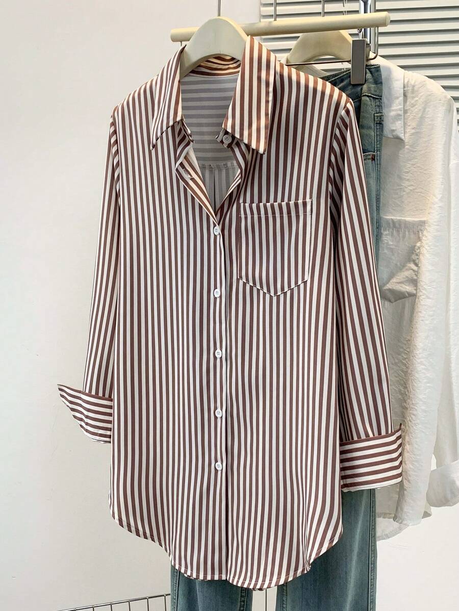 Women's Casual Basic Striped Pointed Collar Long Sleeve Shirt Blouse With Button Pockets, Suitable For Daily Office Wear, Autumn/Winter/Spring