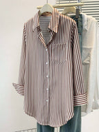 Women's Casual Basic Striped Pointed Collar Long Sleeve Shirt Blouse With Button Pockets, Suitable For Daily Office Wear, Autumn/Winter/Spring
