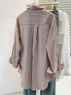 Women's Casual Basic Striped Pointed Collar Long Sleeve Shirt Blouse With Button Pockets, Suitable For Daily Office Wear, Autumn/Winter/Spring