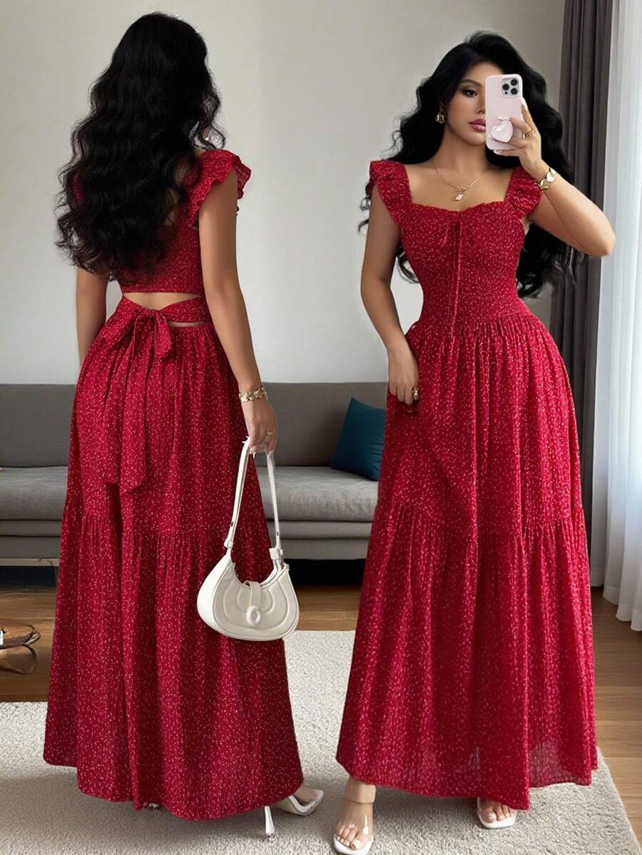 Selianne French Elegant Casual Vacation Square Neck Lotus Leaf Flying Sleeves Polka Dot Print Texture Plaid Woven Chiffon Material Back Tie Pleated Large Skirt Spring And Summer Red Women Dress Summer Summer Women Skirt Long Skirt Vacation Dress Women Polka Dot Dress Elegant Women Dress Women Summer Dress Red Dress Flowing Skirt Summer Dress